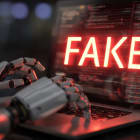 Artificial intelligence creating fake news content. A robotic entity types content with red “FAKE” text glowing on screen – symbolizes how generative AI can be misused for spreading misinformation.