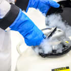 Close-up scientist handling sperm freezing tank with liquid nitrogen in laboratory