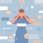 Sad young woman covers ears with hands to stop information noise vector flat illustration.