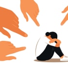 Bullying concept. Hands of people point to the girl. Non-confident woman. Opinion and the pressure of society. Shame. Vector flat