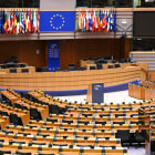 Brussels, Belgium: Plenary room in EU parliament. Assembly room of European Parliament. Institutions of European Union in Bruxelles.