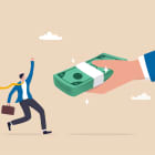 Getting paid, salary, wages payment or bonus, reward or employee benefits, tax refund or investment profit earning, loan or mortgage concept, business man hand giving money banknote to happy employee.