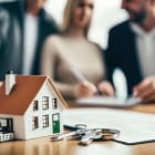 Real estate agent or realtor signing mortgage agreement for new home with couple of happy young clients. Concept of home loan and buying own property. Close up of miniature house. Generative AI
