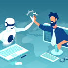 Vector of artificial intelligence, robot collaboration with a business man