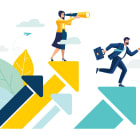 teamwork vision path goal success. study horizons company work finding ways develop. people stand profit, growth arrows look binoculars, big telescope spyglass in search new ideas vector illustration