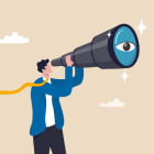 Search for opportunity, business vision, success direction or finding new employee, career future, secret discovery or research concept, businessman look through telescope or binoculars with big eye.