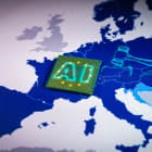Europe Map with virtual gavel and sound block and a CPU with AI word