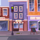 Urban landscape of small local business shops and stores. Vector city street with ice cream, cafe, spa and bread and butter service. Pedestrian crossing and traffic light on road, infrastructure