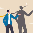 Honesty or trust, liar, fake or business fraud, integrity or telling the truth, false information, cheating or hiding the truth concept, dishonesty businessman lying with Pinocchio long nose shadow.