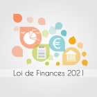 Dessin contenant divers icônes de monnaie euro, de l'assemblée nationale, un graphique, un dossier avec en dessous le texte Loi de finances 2021
