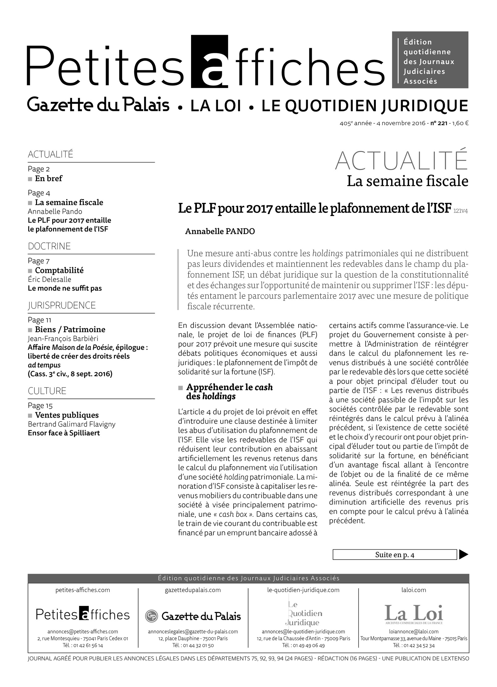 LPA 04 Nov. 2016, n° 121q6, p.11