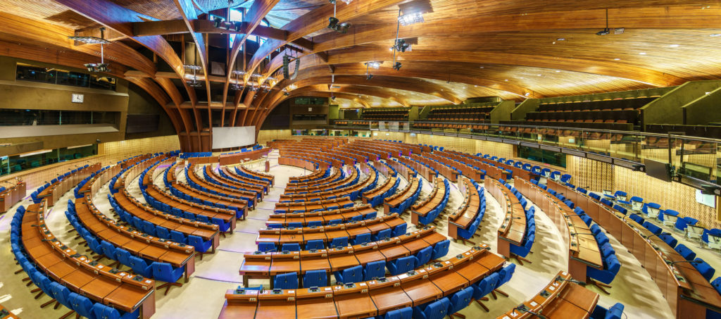 The Hemicycle of the Parliamentary Assembly of the Council of Europe, PACE. The CoE is an organisation whose aim is to uphold human rights, democracy and the rule of law in Europe