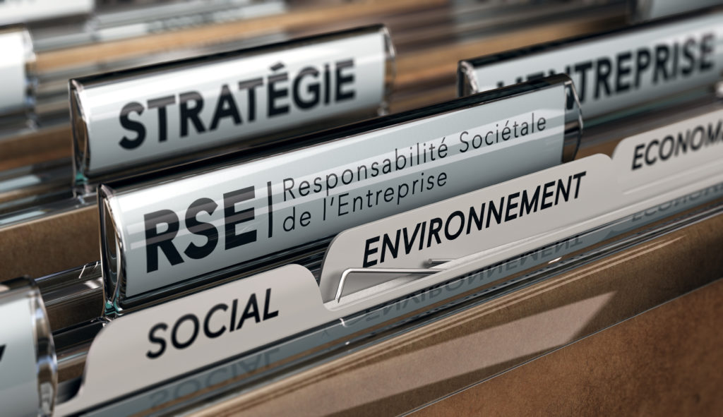 Photo de dossiers papiers portant sur le RSE, le social, la stratégie, l'environnement...