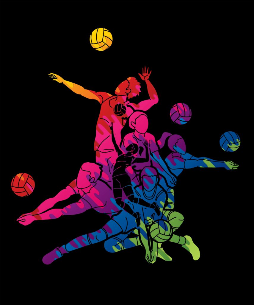 Silhouettes colorées de joueurs et joueuses de volley sur fond noir