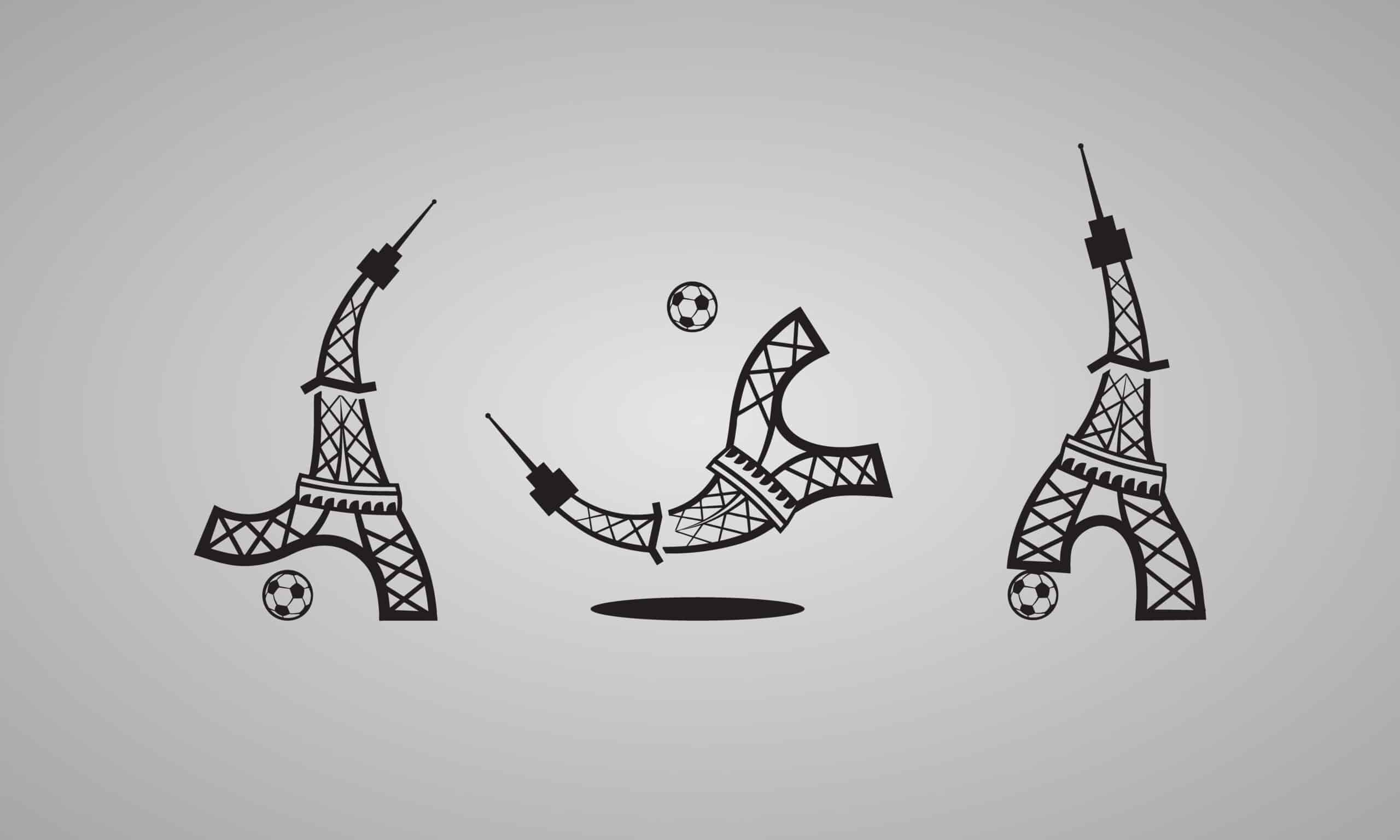 Trois dessins de Tour Eiffel jouant au foot